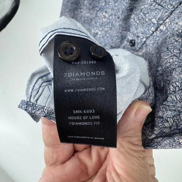 7Diamonds Mens Short Sleeve Button Up Shirt Blue Floral Print 4 Way Stretch Sz L - Picture 10 of 12